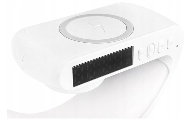 Lampa de birou LED G-Shape RGB 5W, difuzor Bluetooth 155 mm, incarcare wireless Qi, ceas cu alarma, radio FM, 420 lm
