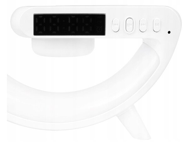 Lampa de birou LED G-Shape RGB 5W, difuzor Bluetooth 155 mm, incarcare wireless Qi, ceas cu alarma, radio FM, 420 lm