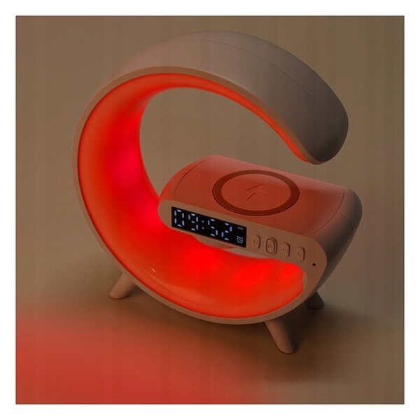 Lampa de birou LED G-Shape RGB 5W, difuzor Bluetooth 155 mm, incarcare wireless Qi, ceas cu alarma, radio FM, 420 lm