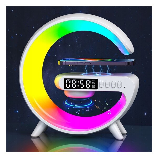 Lampa de birou LED G-Shape RGB 5W, difuzor Bluetooth 155 mm, incarcare wireless Qi, ceas cu alarma, radio FM, 420 lm