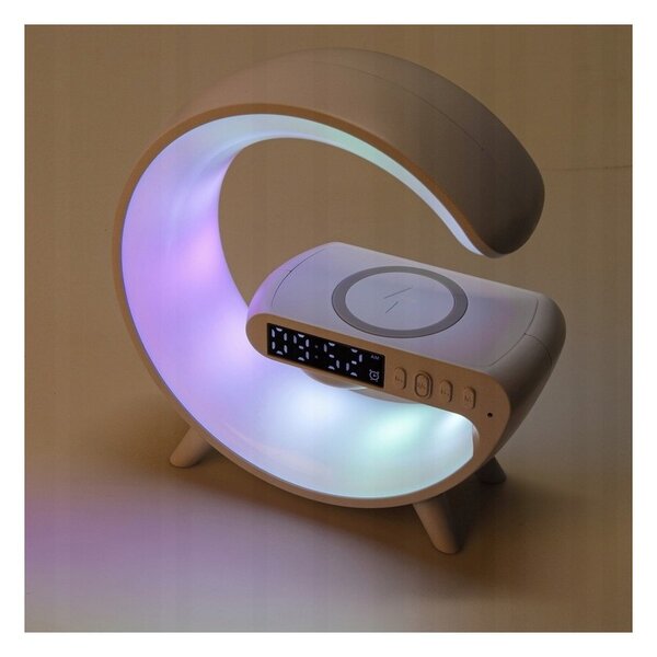 Lampa de birou LED G-Shape RGB 5W, difuzor Bluetooth 155 mm, incarcare wireless Qi, ceas cu alarma, radio FM, 420 lm