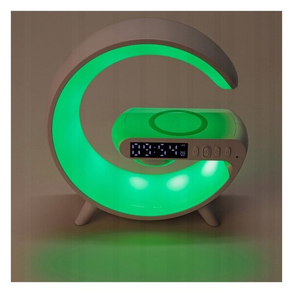 Lampa de birou LED G-Shape RGB 5W, difuzor Bluetooth 155 mm, incarcare wireless Qi, ceas cu alarma, radio FM, 420 lm