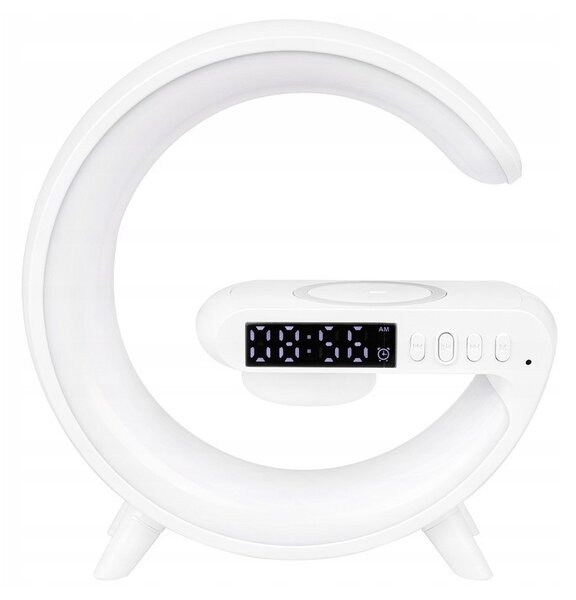 Lampa de birou LED G-Shape RGB 5W, difuzor Bluetooth 155 mm, incarcare wireless Qi, ceas cu alarma, radio FM, 420 lm