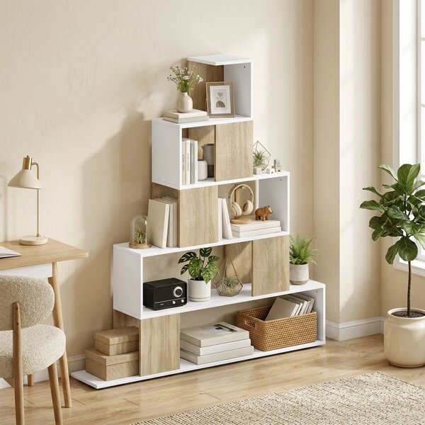 HOMCOM Bibliotecă cu 5 Rafturi Tip Trepte, Alb și Lemn Natural | Aosom Romania