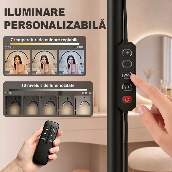 HOMCOM Lampă de Podea LED cu Cap Semilună, Înălțime și Temperatură de Culoare Reglabile, Telecomandă, Negru | Aosom Romania