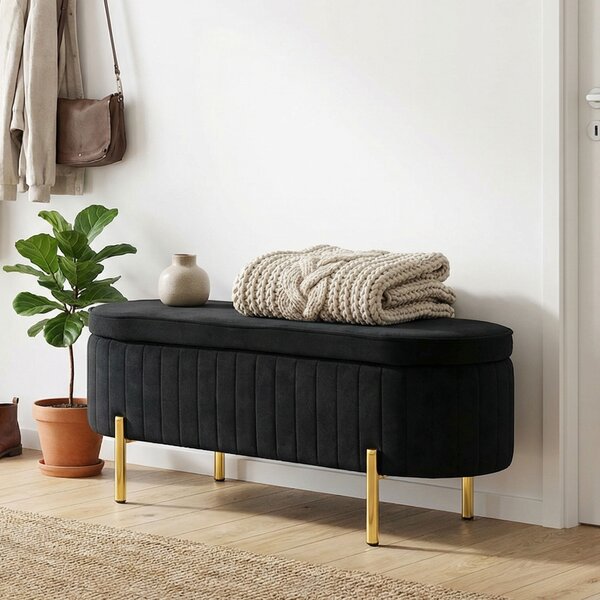 HOMCOM Bancă de Depozitare Ovală 72L cu Capac Rabatabil, din Catifea și Lemn, 108 x 44 x 43,5 cm, Negru | Aosom Romania