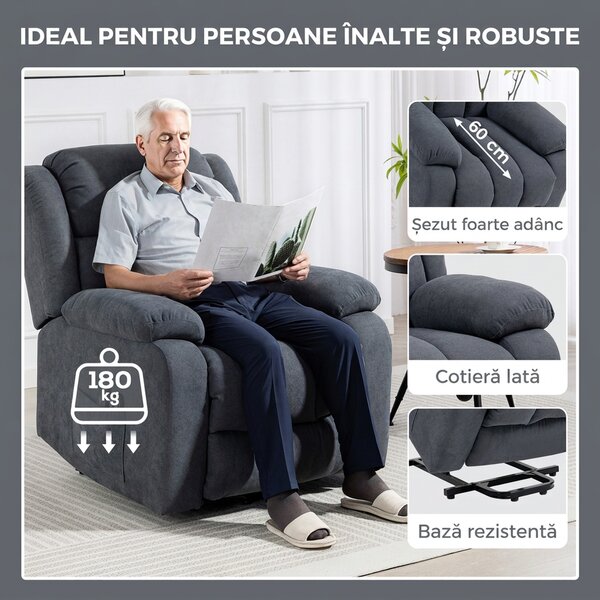 HOMCOM Fotoliu Electric cu Ridicare și Reclinare 135° în Material Textil Efect In cu Suport Picioare, Gri Închis | Aosom Romania