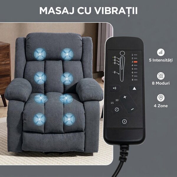 HOMCOM Fotoliu Electric cu Ridicare și Reclinare 135° în Material Textil Efect In cu Suport Picioare, Gri Închis | Aosom Romania