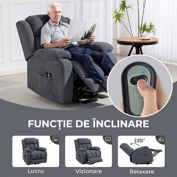 HOMCOM Fotoliu Electric cu Ridicare și Reclinare 135° în Material Textil Efect In cu Suport Picioare, Gri Închis | Aosom Romania