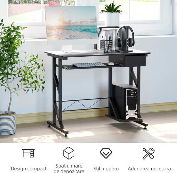 Birou calculator cu suport glisant, sertar si picioare antiderapante, MDF si otel, Negru 90x50x95cm HOMCOM | Aosom Romania