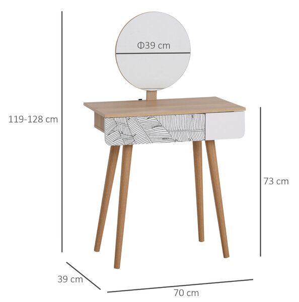 HOMCOM Masă de Machiaj cu Oglindă Rotundă și Sertar, Design Jungle, Alb și Stejar, 70x39x120cm | Aosom Romania