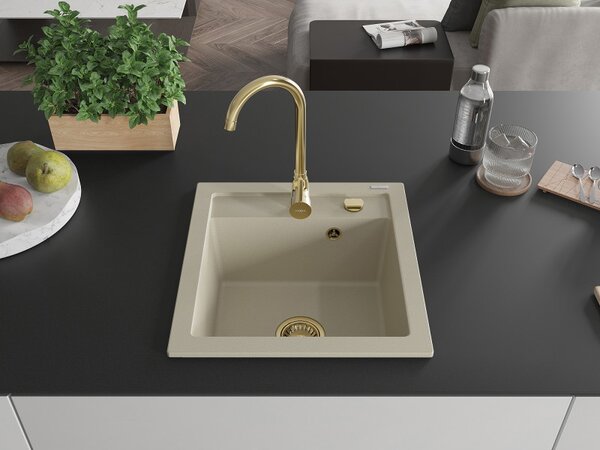 Mexen Vito, chiuveta granit 520x490x210 mm, 1 camera, bej cu sifon auriu, 6503521000-69-G