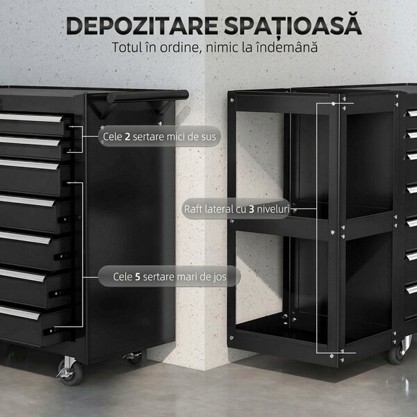 HOMCOM Cărucior pentru Unelte din Oțel cu 7 Sertare, Poliță Laterală Detașabilă, Roți, Capacitate 120kg, Negru | Aosom Romania