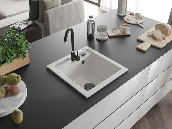 Mexen Vito, chiuveta granit 520x490x210 mm, 1 camera, alb cu sifon negru, 6503521000-20-B
