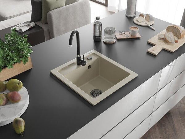 Mexen Vito, chiuveta granit 520x490x210 mm, 1 camera, bej cu sifon negru, 6503521000-69-B