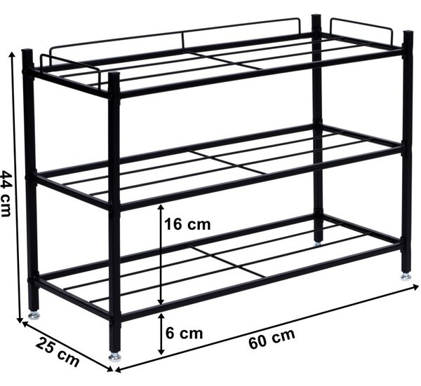 Raft pantofi, 3 niveluri, 44x60x25 cm, depozitare 9 perechi pantofi, design universal, otel negru