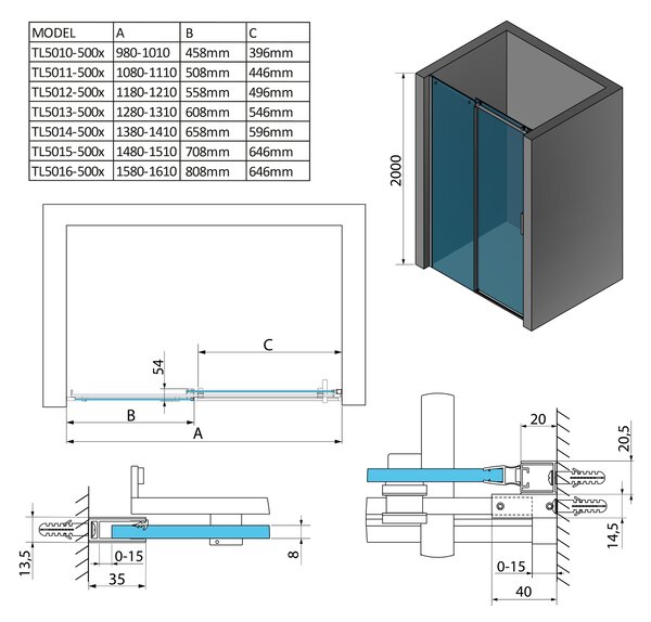 Polysan Polysan, usa de dus THRON LINE ROUND 1000 mm, canale rotunde, sticla transparenta, TL5010-5005