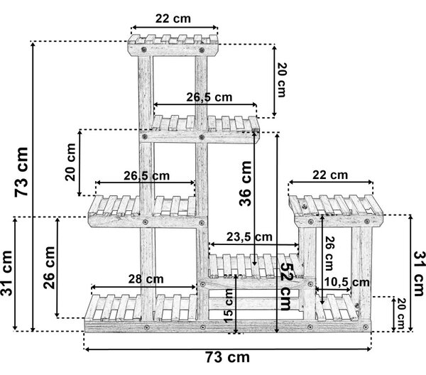 Suport flori si plante, 5 niveluri, inaltime totala 73 cm, multiple rafturi, structura din lemn