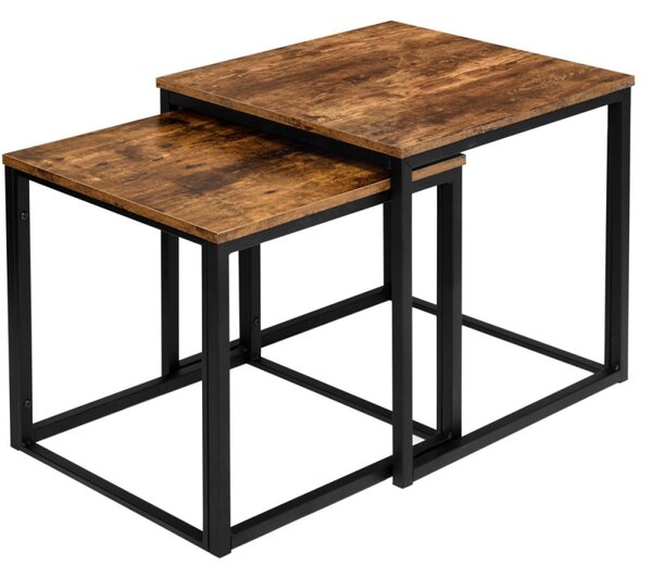 Set 2 masute de cafea Praven in stil rustic, maxim 150 kg, otel si placa laminata, negru/stejar