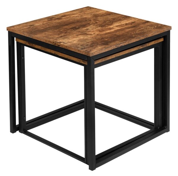 Set 2 masute de cafea Praven in stil rustic, maxim 150 kg, otel si placa laminata, negru/stejar