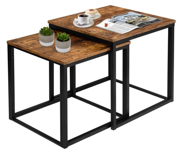 Set 2 masute de cafea Praven in stil rustic, maxim 150 kg, otel si placa laminata, negru/stejar