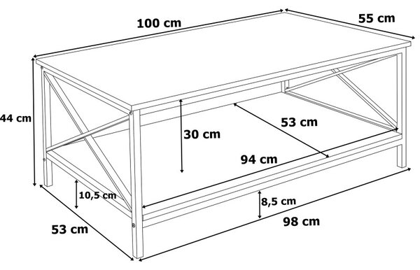 Masuta de cafea HERNING MODERN, raft inferior, blaturi din stejar, 100x44x55 cm, cadru otel