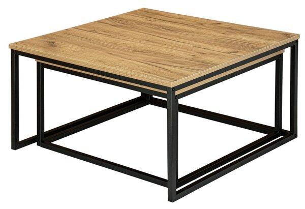 Set 2 masute de cafea in stil rustic, Velen, cadru metalic, blat laminat, maxim 75 kg, negru/stejar