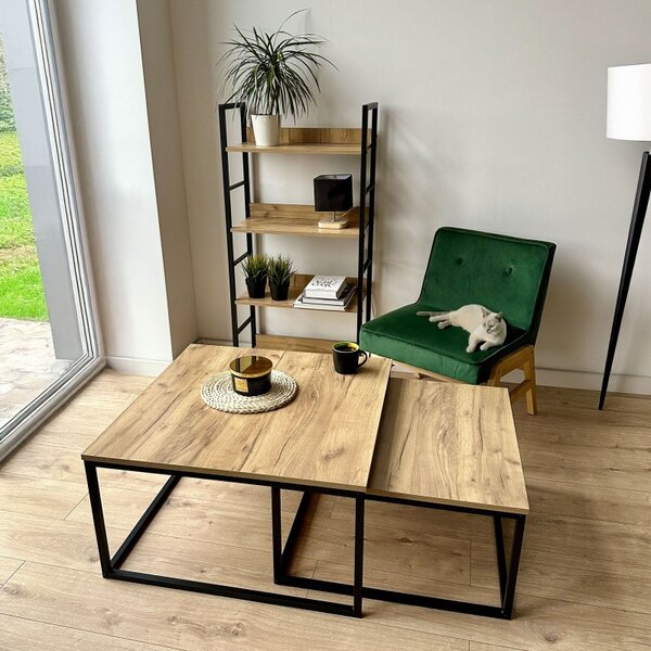 Set 2 masute de cafea in stil rustic, Velen, cadru metalic, blat laminat, maxim 75 kg, negru/stejar