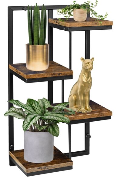 Suport decorativ ghivece, 4 rafturi inaltimi diferite, stil industrial, maxim 20 kg, picioare otel, stejar laminat