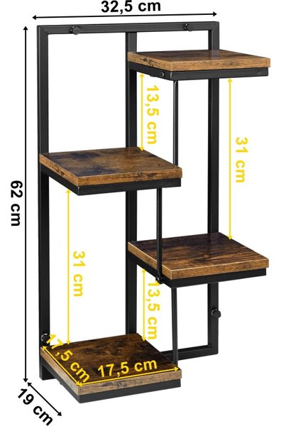 Suport decorativ ghivece, 4 rafturi inaltimi diferite, stil industrial, maxim 20 kg, picioare otel, stejar laminat