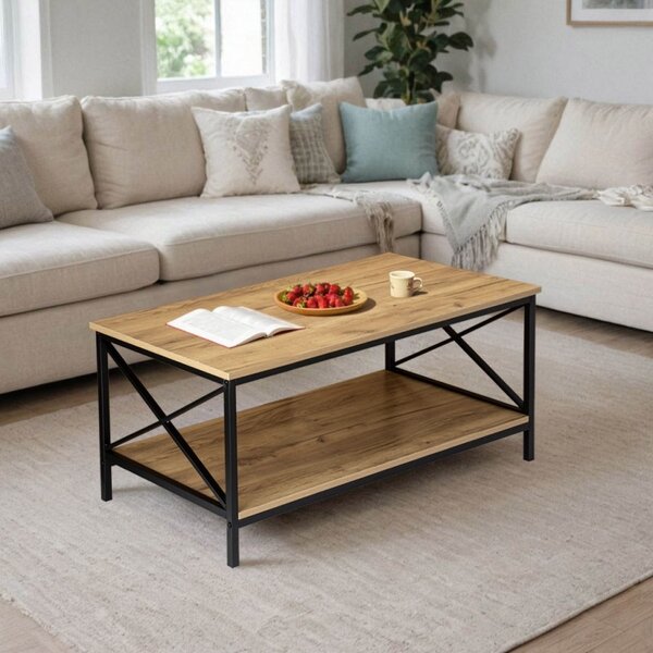 Masuta de cafea pentru living, raft inferior, cadru otel, placi laminate, 44x100x55 cm, maxim 40 kg
