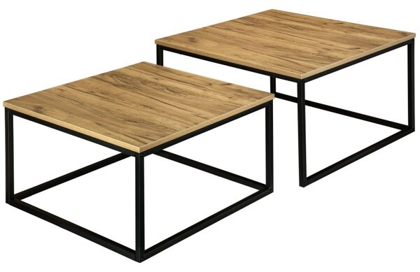 Set 2 masute de cafea in stil rustic, Velen, cadru metalic, blat laminat, maxim 75 kg, negru/stejar