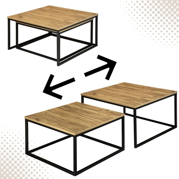Set 2 masute de cafea in stil rustic, Velen, cadru metalic, blat laminat, maxim 75 kg, negru/stejar