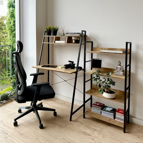 Masa de birou cu etajera, stil vintage, cadru stabil, blat laminat, inaltime 142 cm, blat 80x46x1.5 cm