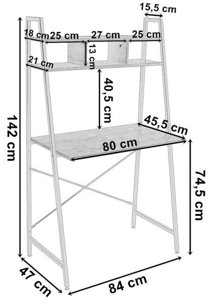 Masa de birou cu etajera, stil vintage, cadru stabil, blat laminat, inaltime 142 cm, blat 80x46x1.5 cm