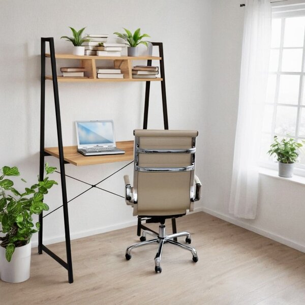 Masa de birou cu etajera, stil vintage, cadru stabil, blat laminat, inaltime 142 cm, blat 80x46x1.5 cm