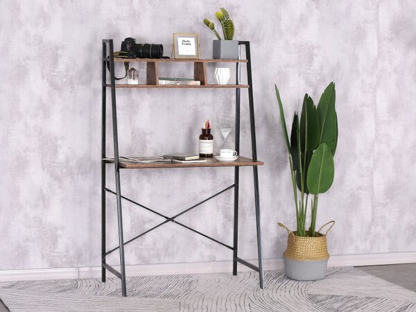 Birou in stil industrial, biblioteca cu 2 rafturi, structura otel, 142 x 47 x 44 cm, blat stejar invechit