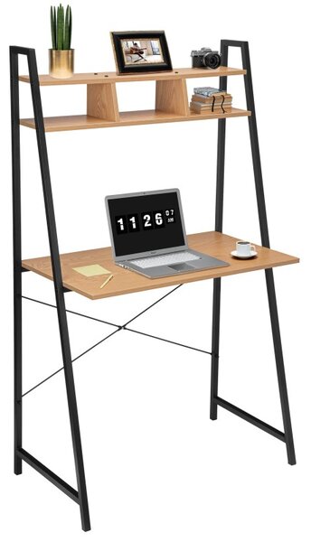 Masa de birou cu etajera, din pal si metal, inaltime 142 cm, protectie anti-alunecare, pin/negru mat