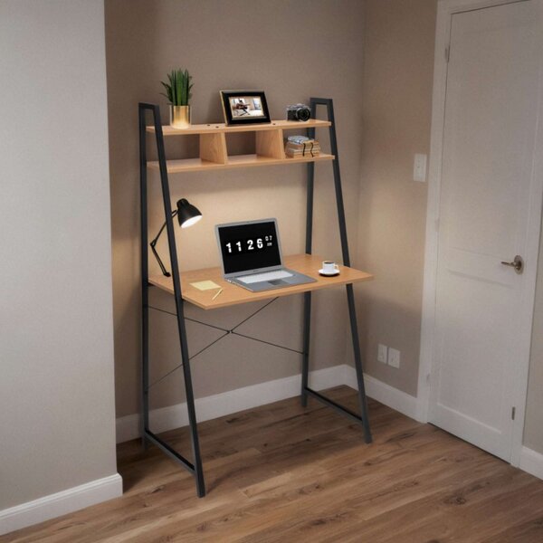 Masa de birou cu etajera, din pal si metal, inaltime 142 cm, protectie anti-alunecare, pin/negru mat