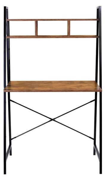 Birou in stil industrial, biblioteca cu 2 rafturi, structura otel, 142 x 47 x 44 cm, blat stejar invechit