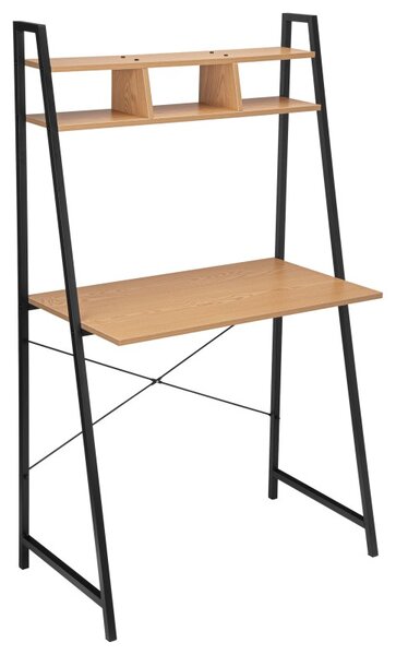Masa de birou cu etajera, din pal si metal, inaltime 142 cm, protectie anti-alunecare, pin/negru mat