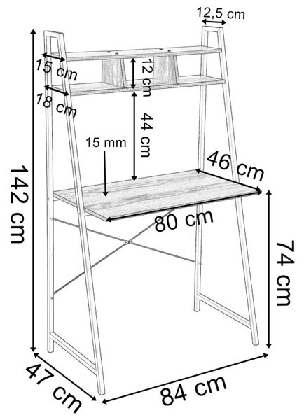 Birou in stil industrial, biblioteca cu 2 rafturi, structura otel, 142 x 47 x 44 cm, blat stejar invechit