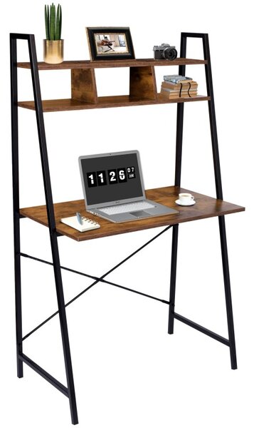 Birou in stil industrial, biblioteca cu 2 rafturi, structura otel, 142 x 47 x 44 cm, blat stejar invechit