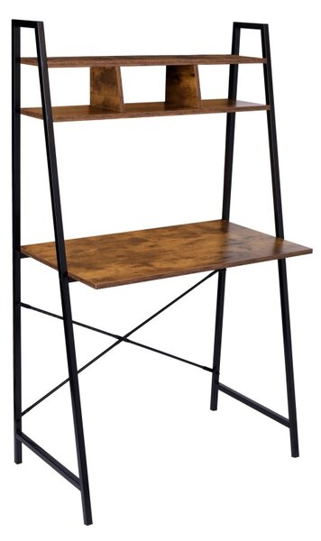 Birou in stil industrial, biblioteca cu 2 rafturi, structura otel, 142 x 47 x 44 cm, blat stejar invechit