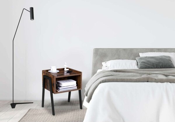 Noptiera in stil rustic, cadru din otel, compartiment depozitare accesorii, stejar invechit, placa laminata