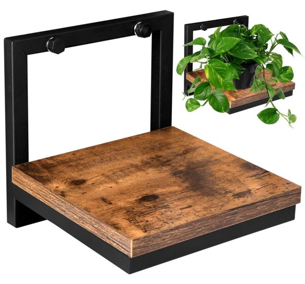 Suport de perete pentru plante, stil rustic, sarcina maxima 5 kg, otel si placa laminata 17,5x17,5 cm, culoare stejar