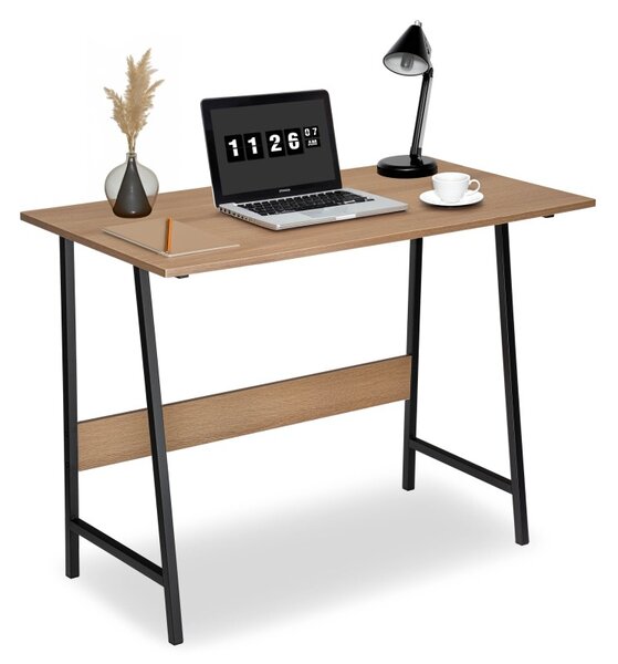 Birou in stil industrial, pentru laptop, blat laminat, picioare inclinate, 73.5x100x50 cm, negru/stejar