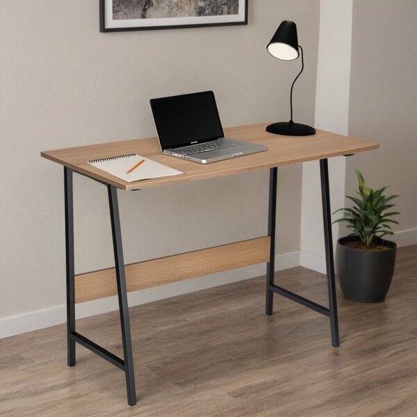 Birou in stil industrial, pentru laptop, blat laminat, picioare inclinate, 73.5x100x50 cm, negru/stejar