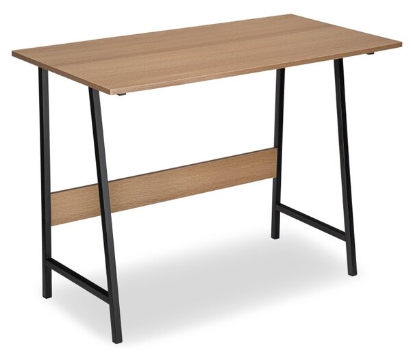 Birou in stil industrial, pentru laptop, blat laminat, picioare inclinate, 73.5x100x50 cm, negru/stejar