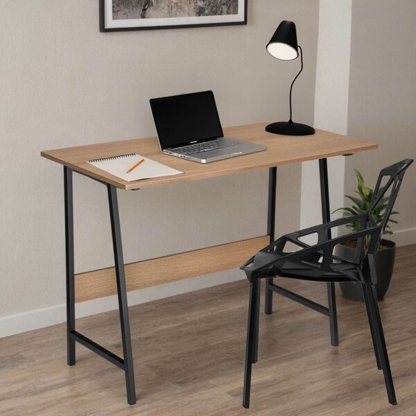 Birou in stil industrial, pentru laptop, blat laminat, picioare inclinate, 73.5x100x50 cm, negru/stejar